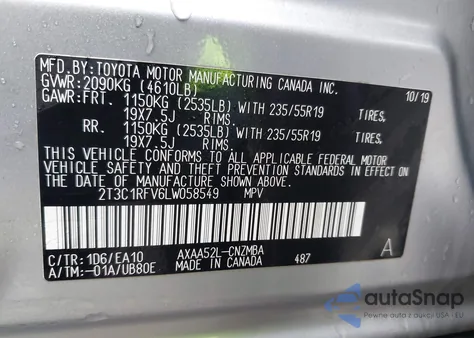 2020 Toyota Rav4 Xle Premium from USA, damaged, VIN 2T3C1RFV6LW058549